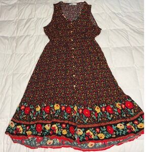 Temofon Womens XL Floral Button Front Sleeveless Midi Dress Black Boho Ditsy